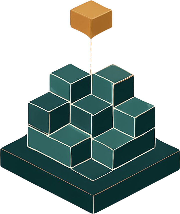A brass cornerstone block being placed on a layered green foundation, representing the WhatsApp Revenue Layer as the base for retention and expansion systems
